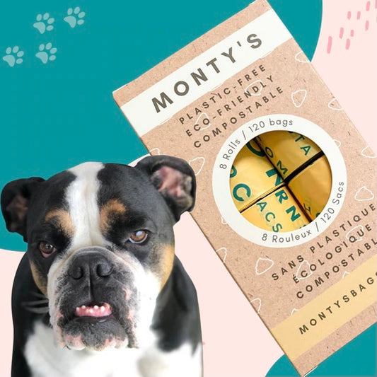 Montys compostable dog poop bags (box of 8 rolls, 120 bags)